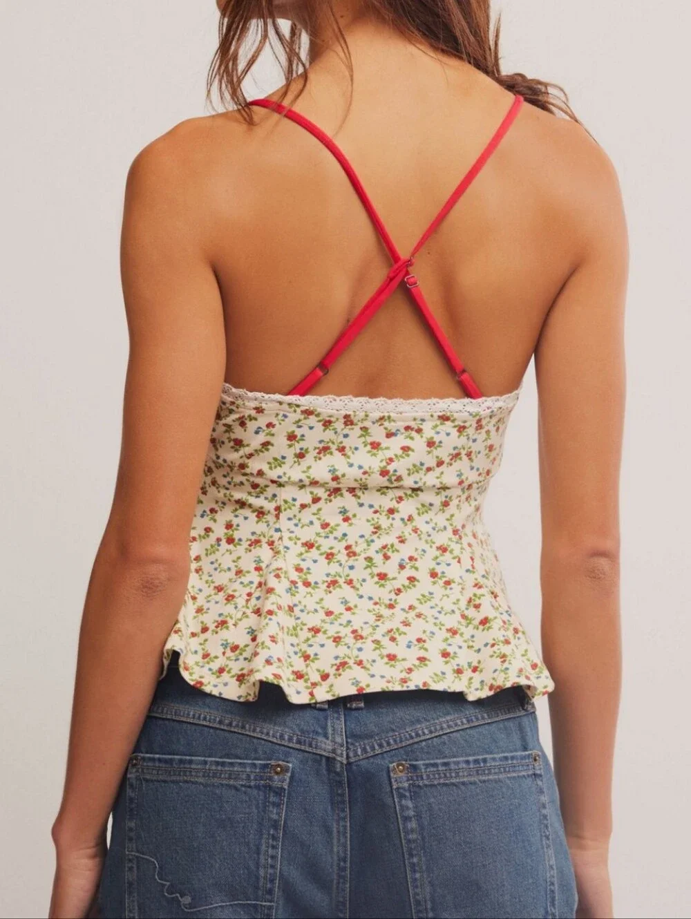 Free People Sammi Floral Peplum Cami Tank Top with Red Bow Sz Medium